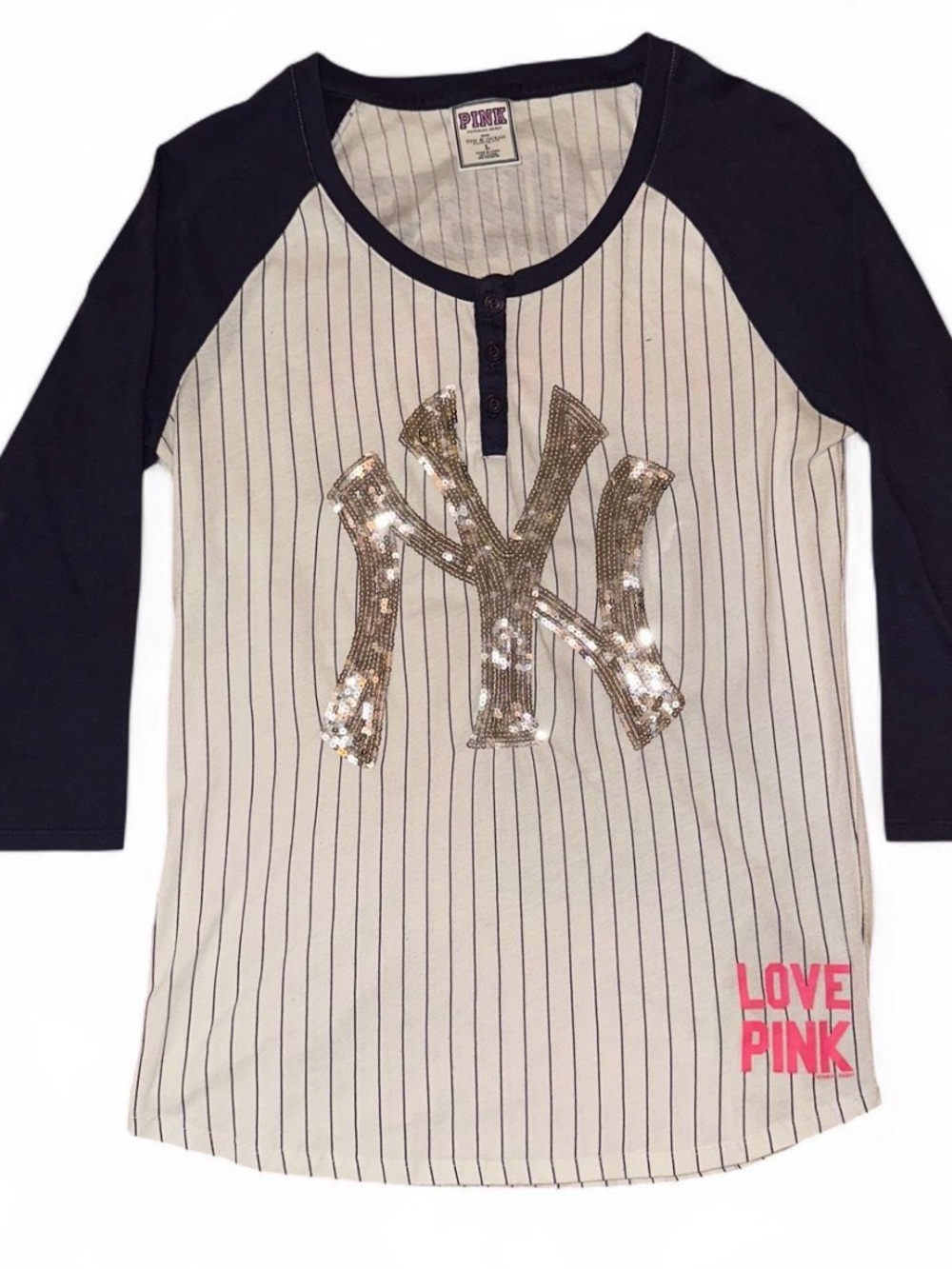 PINK Navy & Sequin NY New York Yankees Logo Baseball Tee Sparkle